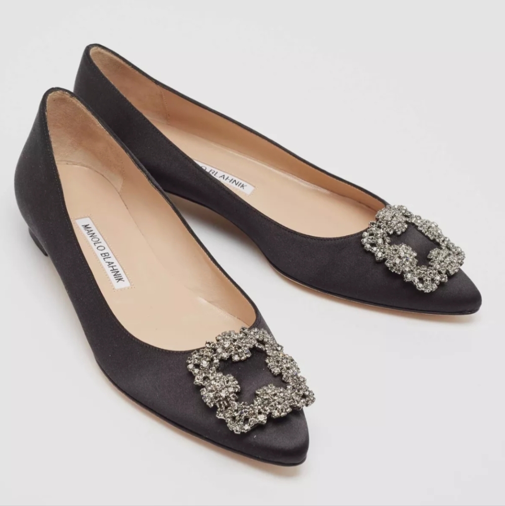 Manolo Blahnik HANGISIFLAT Black Satin Jewel Buckle Flat Pumps Size 39 - Picture 4 of 16